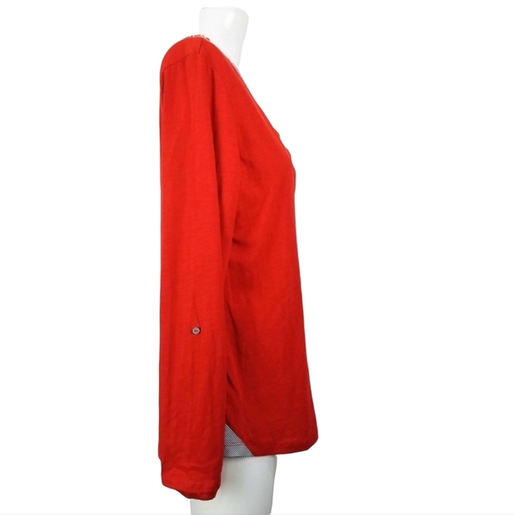 L.L. Bean Women's Size Med Orange Quarter-Button Ruffle Collar Long-Sleeve Top - Picture 2 of 7